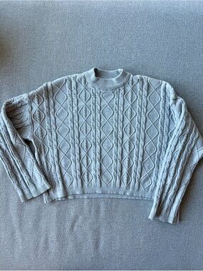 Pink Rose Cable Knit Crewneck Flare Sleeve Sweater in Light Gray
